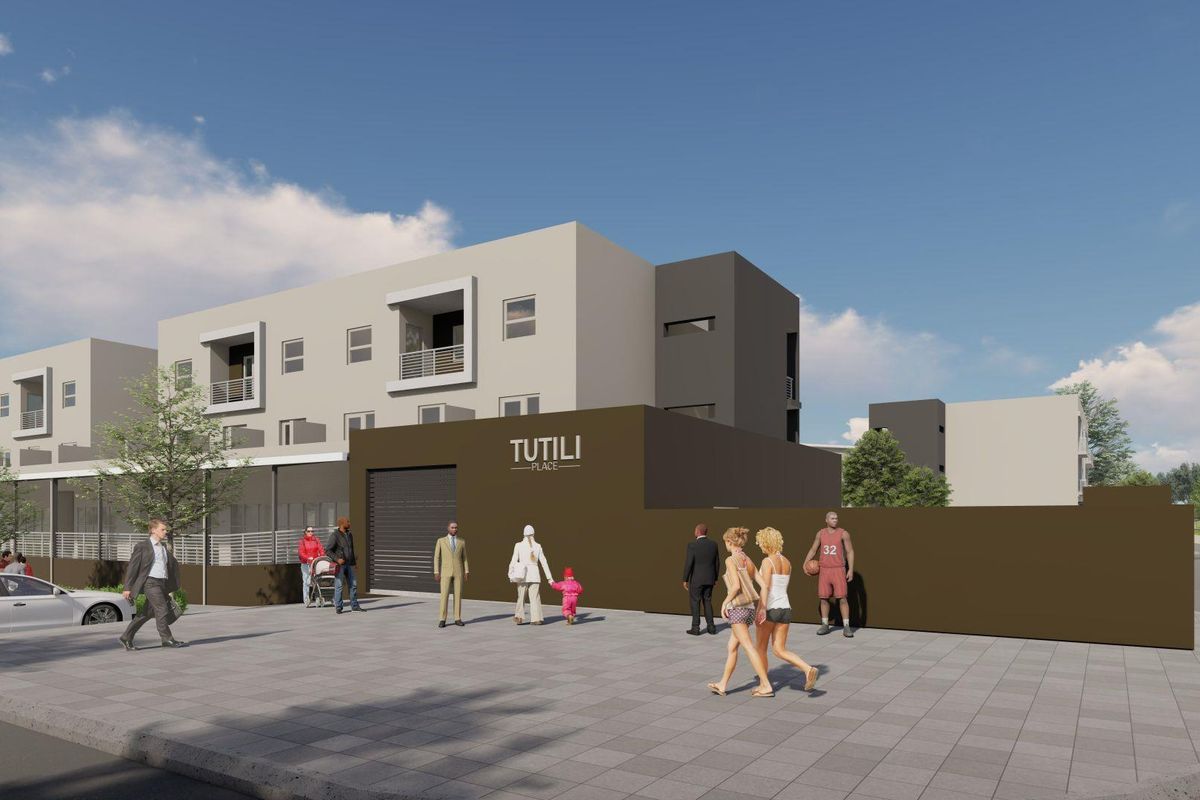 A 3D architectural rendering of the Tutili Place apartment complex, showcasing the modern exterior facade and street-level entrance.