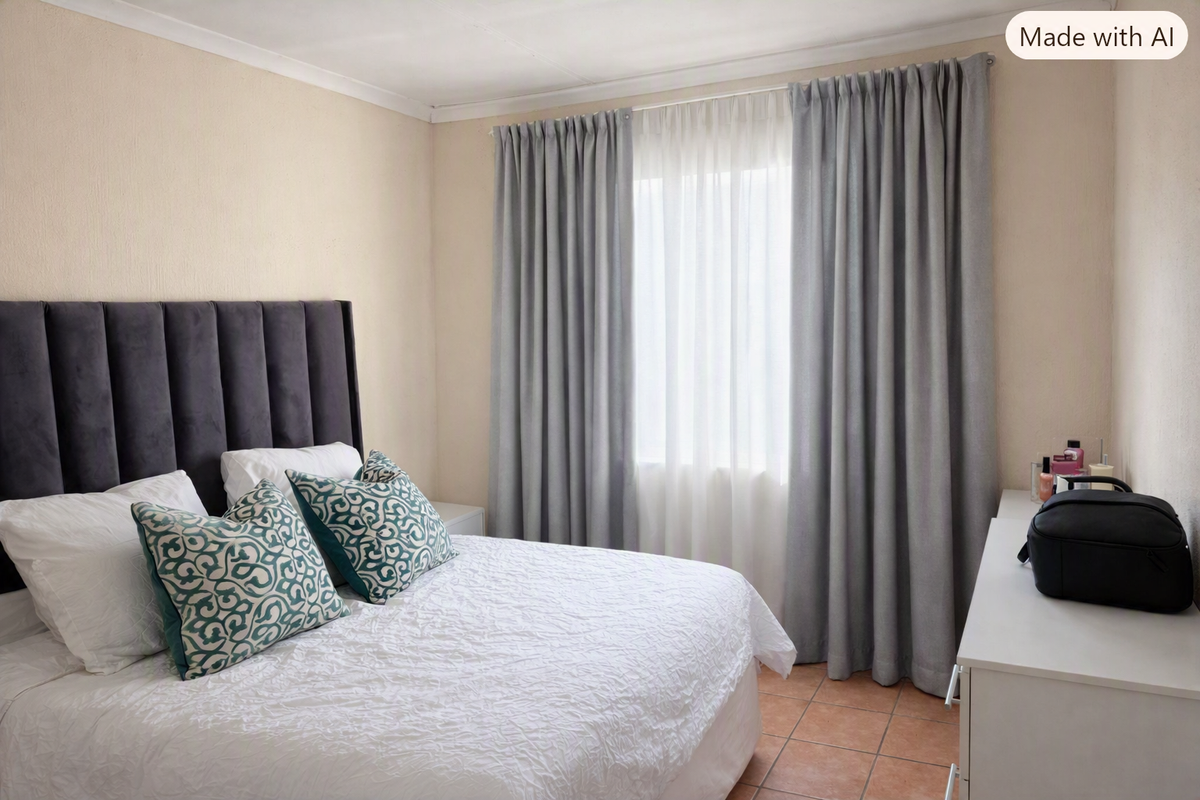 A well-maintained bedroom featuring tiled flooring and neutral wall finishes, complemented by floor-to-ceiling curtains.