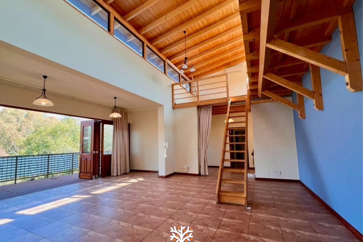 Spacious open-plan living area featuring high exposed timber ceilings, a mezzanine level with timber staircase, and large bi-fold doors leading to a balcony.