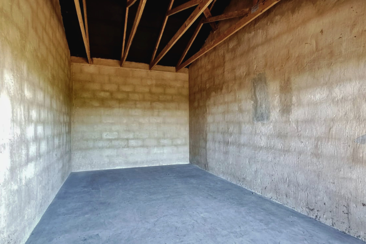 An unfinished utility space featuring exposed concrete block walls and open roof trusses, providing a blank canvas for storage or workshop development.