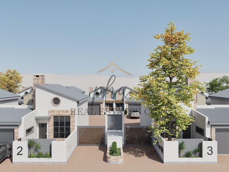 A 3D architectural rendering of a modern townhouse complex featuring brick facades, pitched roofs, and private garage access.