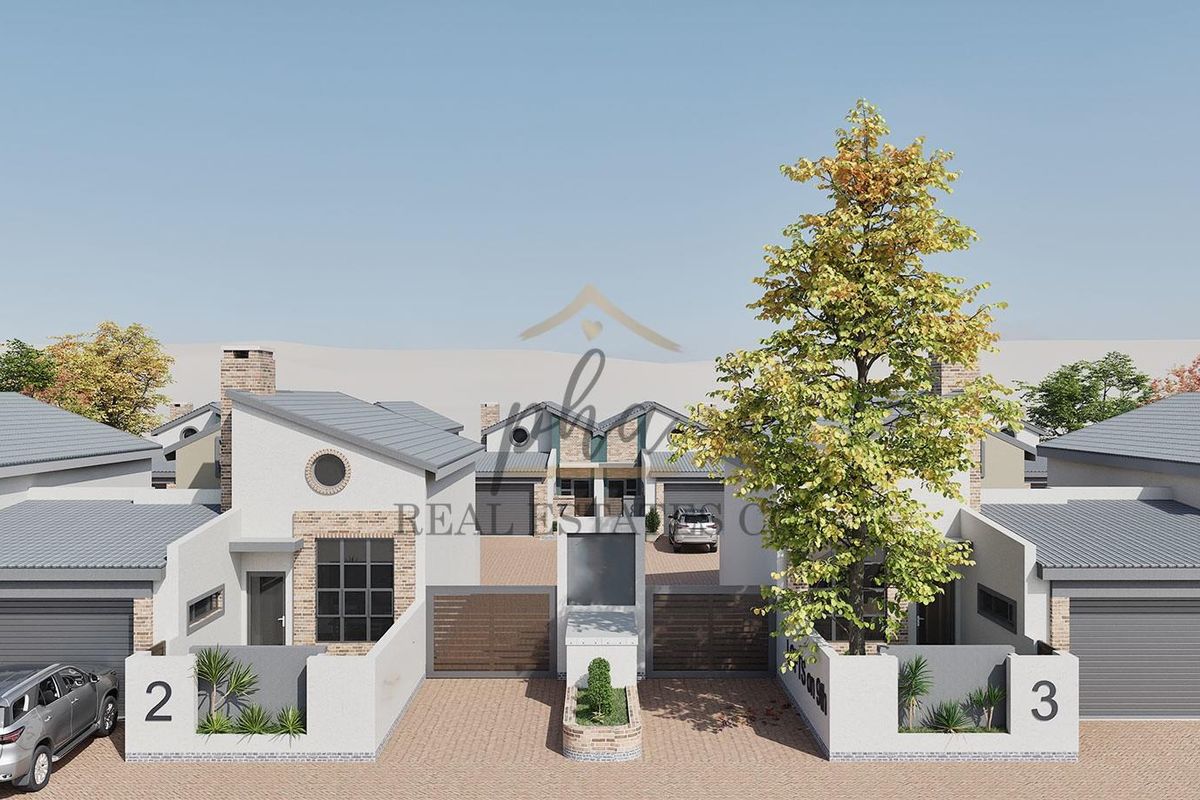 A 3D architectural rendering of a modern townhouse complex featuring brick facades, pitched roofs, and private garage access.