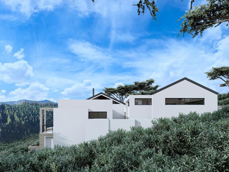 A modern architectural house design featuring a mix of pitched and flat rooflines, set against a scenic forest and mountain backdrop.