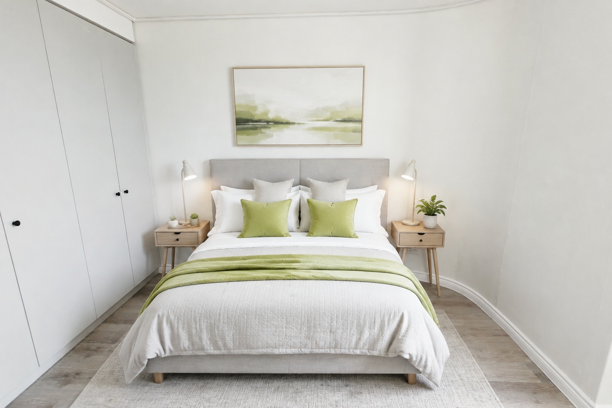 A well-presented bedroom featuring neutral tones, built-in wardrobes, and modern laminate flooring, creating a clean and inviting living space.