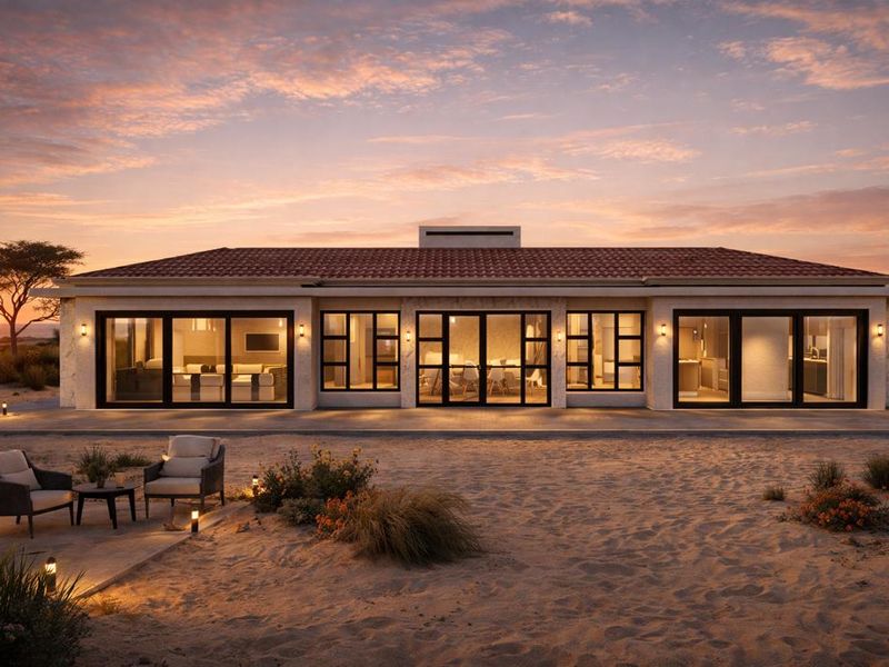 A beautifully lit rear elevation of a modern coastal home featuring expansive glass doors, terracotta roof tiles, and a spacious patio area at sunset.