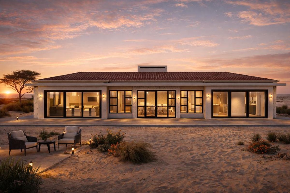 A beautifully lit rear elevation of a modern coastal home featuring expansive glass doors, terracotta roof tiles, and a spacious patio area at sunset.