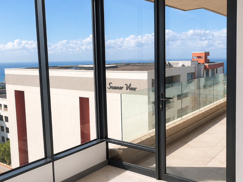 Bright and modern living area featuring expansive floor-to-ceiling windows and direct access to a private balcony with scenic views.