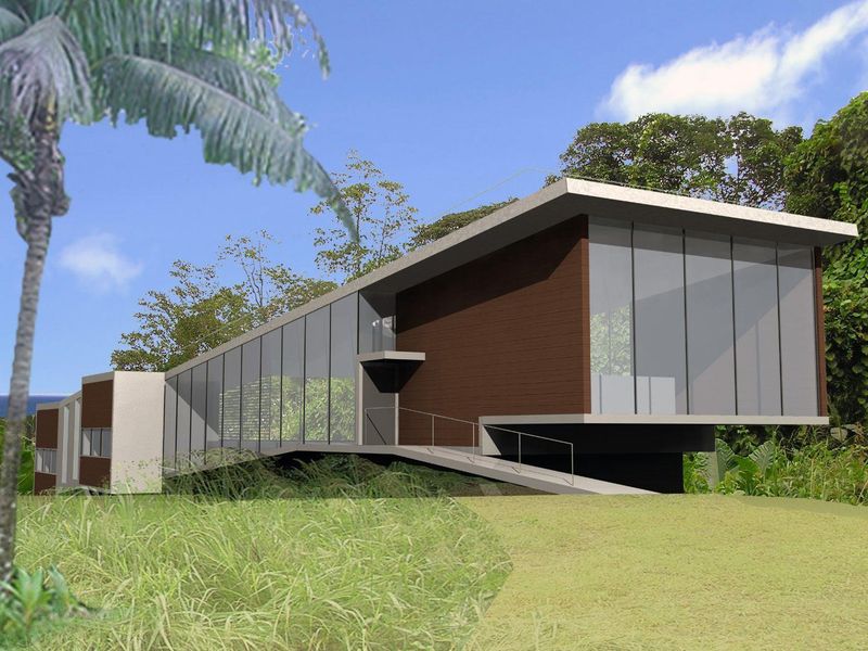 A modern architectural rendering of a contemporary residential structure featuring extensive glass facades and clean, minimalist lines set within a natural landscape.
