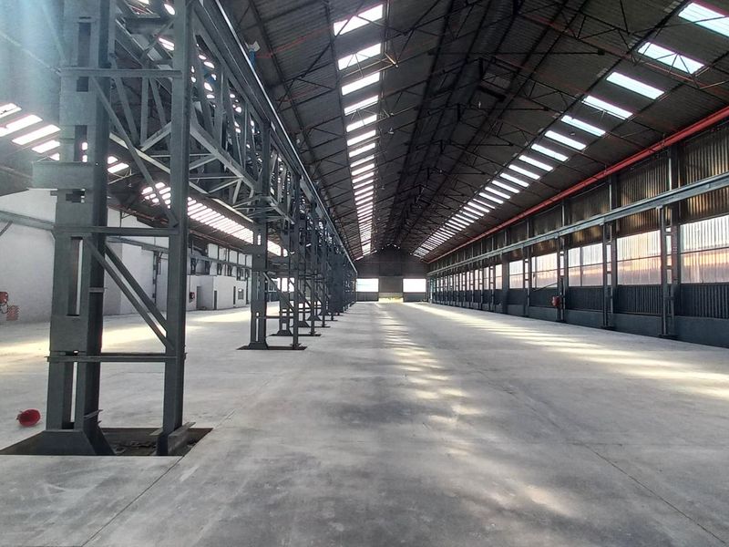 Expansive industrial warehouse space featuring a high-clearance steel portal frame, polished concrete flooring, and abundant natural light through integrated roof skylights.