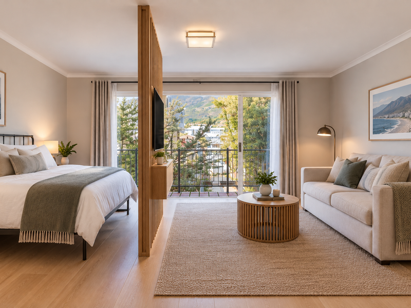 A modern open-plan studio apartment featuring a timber room divider, laminate flooring, and a sliding glass door leading to a balcony with scenic views.