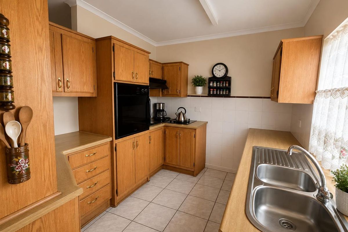 A functional kitchen featuring timber-look cabinetry, laminate countertops, a double stainless steel sink, and built-in cooking appliances with tiled splashbacks.