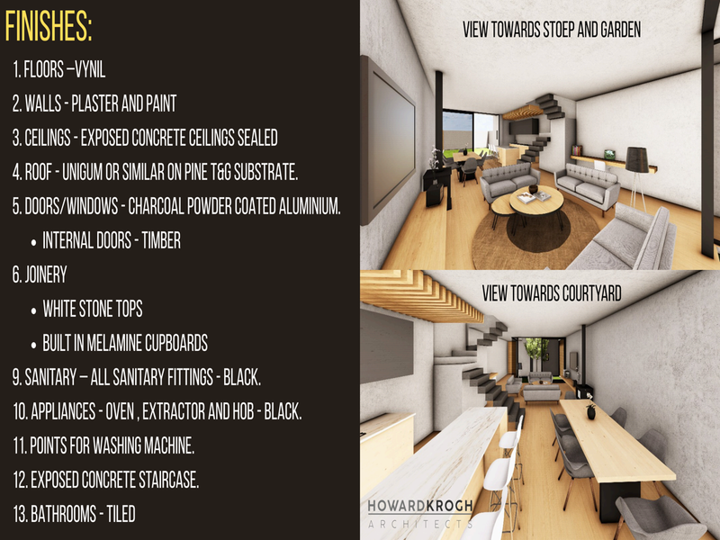 Architectural rendering of an open-plan living and kitchen area featuring modern finishes, exposed concrete staircase, and integrated kitchen cabinetry.