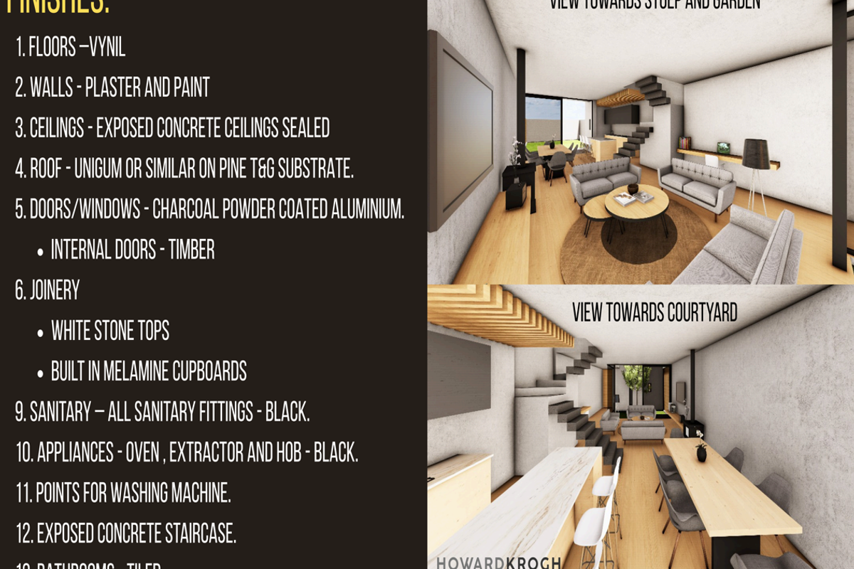 Architectural rendering of an open-plan living and kitchen area featuring modern finishes, exposed concrete staircase, and integrated kitchen cabinetry.