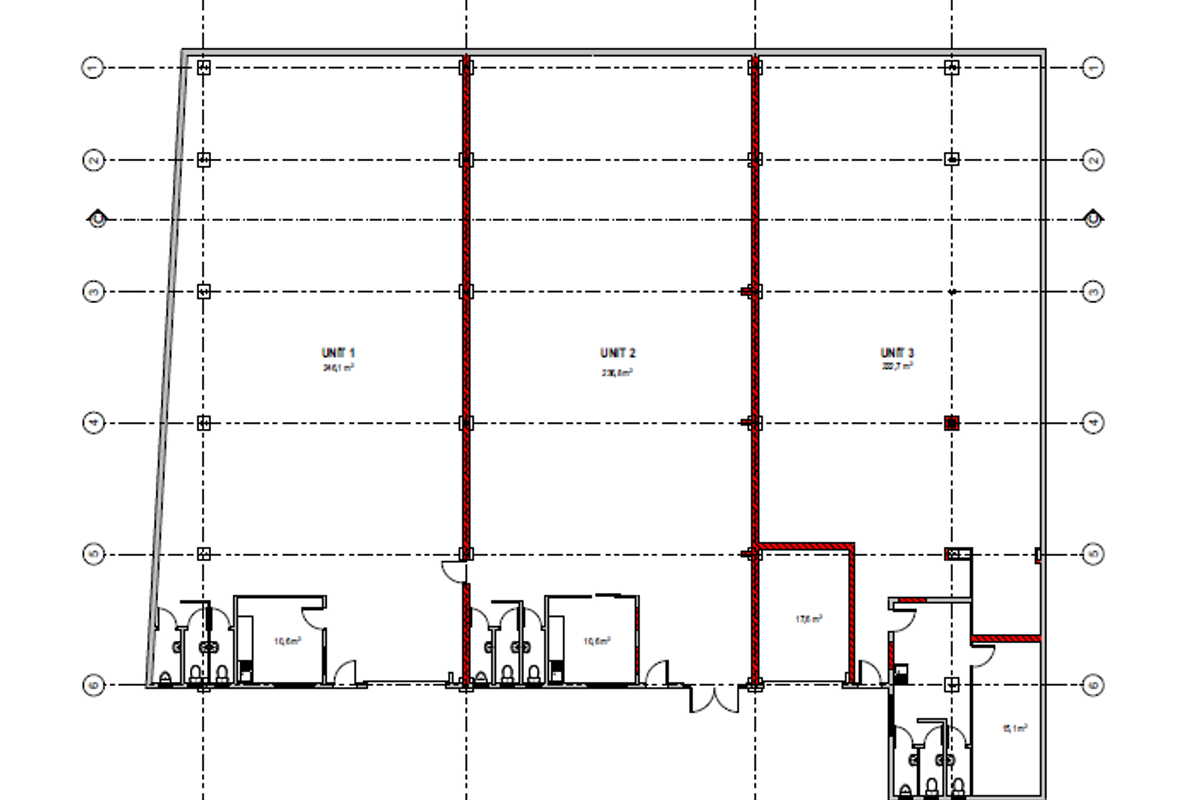 Architectural floor plan showing the layout of three commercial units with designated restroom areas and structural column grid.
