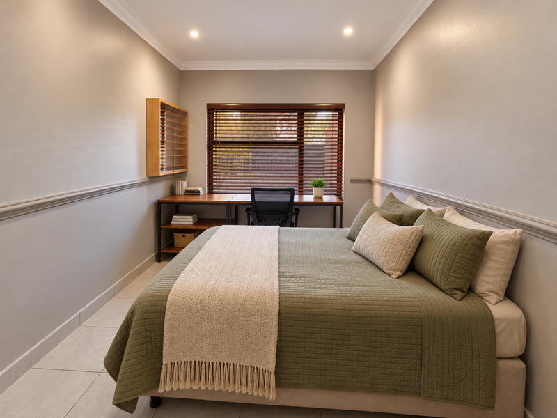 A well-maintained bedroom featuring tiled flooring, crown molding, chair rail detailing, and recessed lighting, with a built-in desk area by the window.