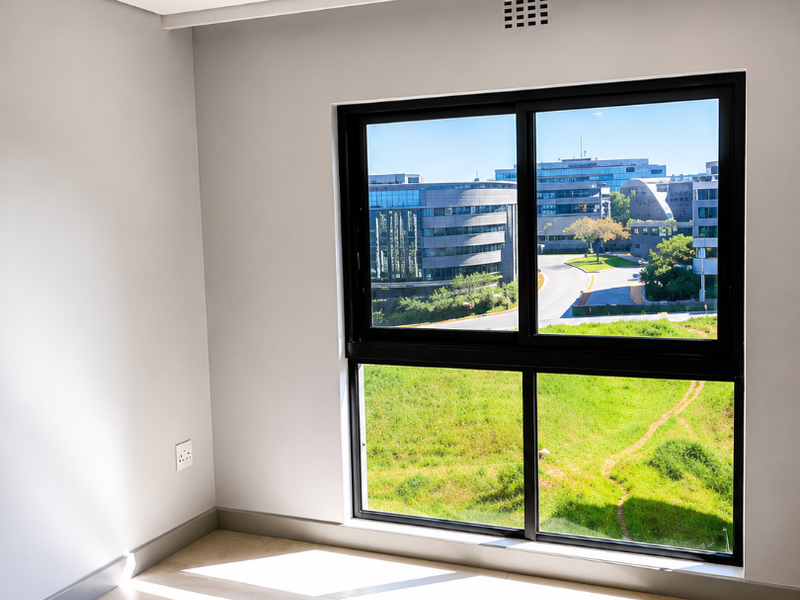 A bright, empty bedroom featuring modern tiled flooring, recessed downlighting, and a large window with views of the surrounding office park.