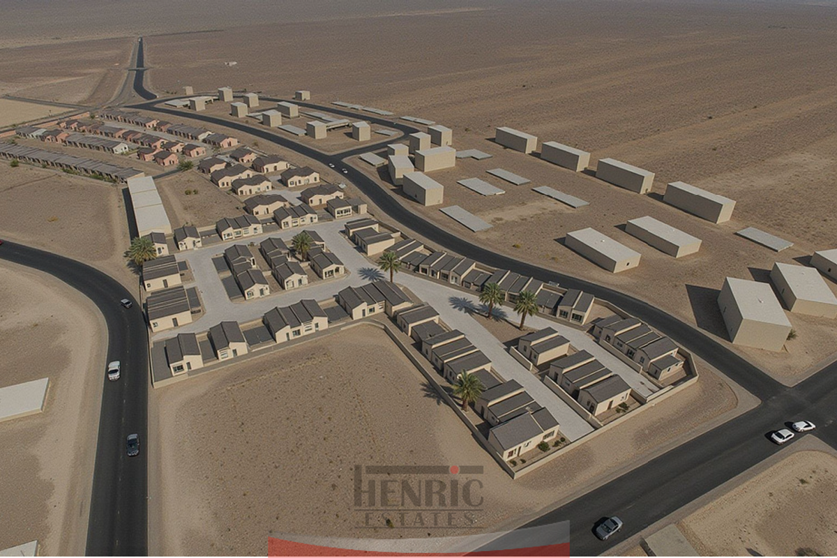 Aerial view of a residential townhouse development featuring multiple units, paved access roads, and landscaped palm trees within a desert estate setting.