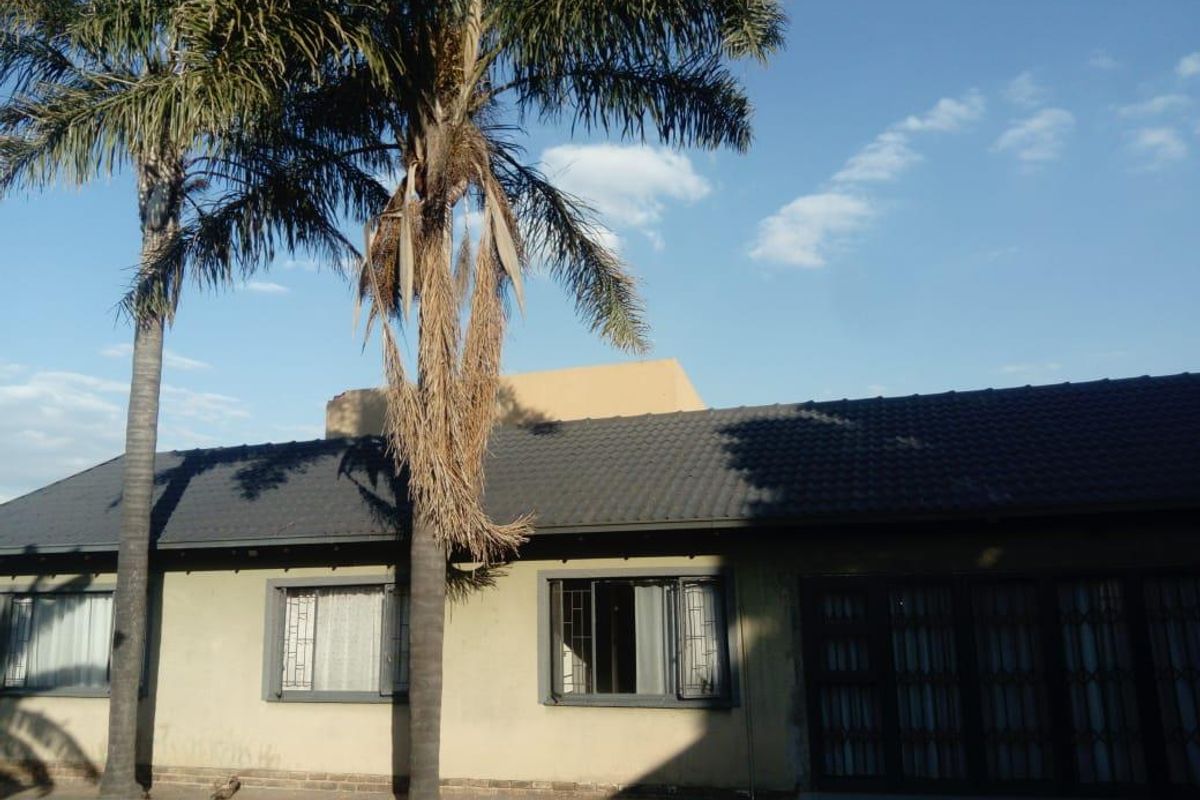 Rear view of the house featuring a tiled roof, large windows with security bars, and a mature palm tree in the garden area.