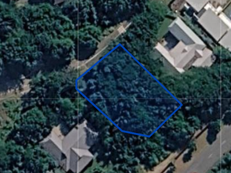 An aerial view of a vacant residential plot highlighted with a blue boundary outline, surrounded by established trees and neighboring properties.