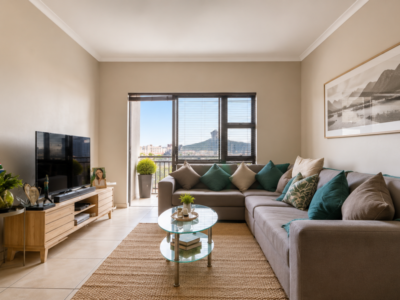 A well-maintained living room featuring neutral walls, tiled flooring, and a sliding glass door that opens to a balcony with scenic views.