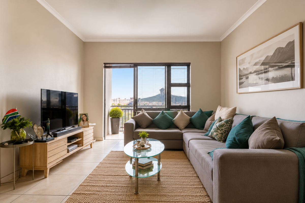 A well-maintained living room featuring neutral walls, tiled flooring, and a sliding glass door that opens to a balcony with scenic views.