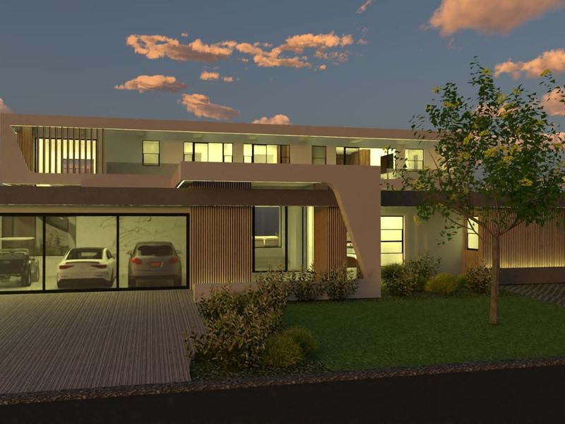 A modern architectural front elevation featuring clean lines, timber slat detailing, integrated garage with glass doors, and ambient exterior lighting.