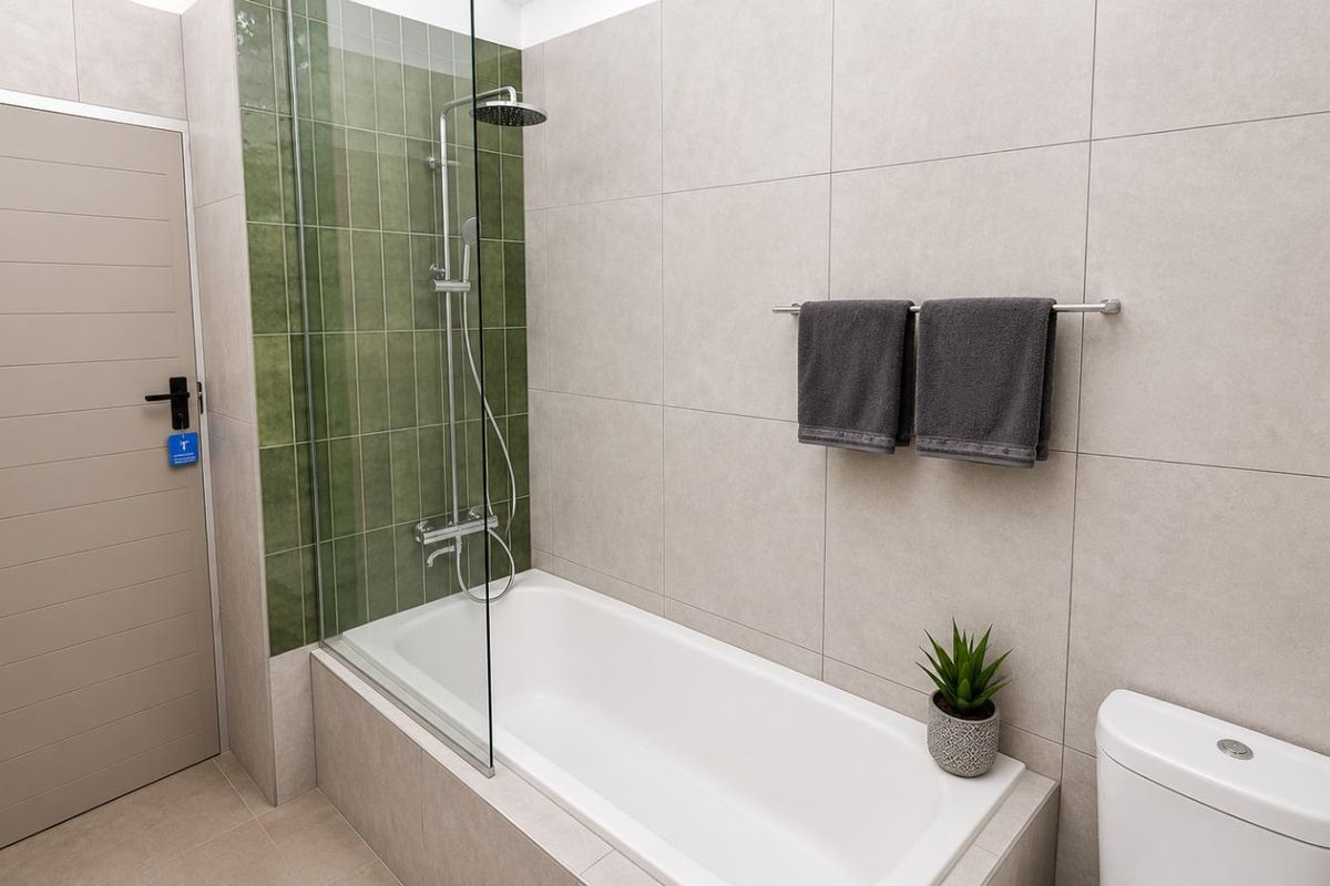 Modern bathroom featuring a built-in bathtub with a glass shower screen, contemporary green accent tiling, and a clean, neutral color palette.