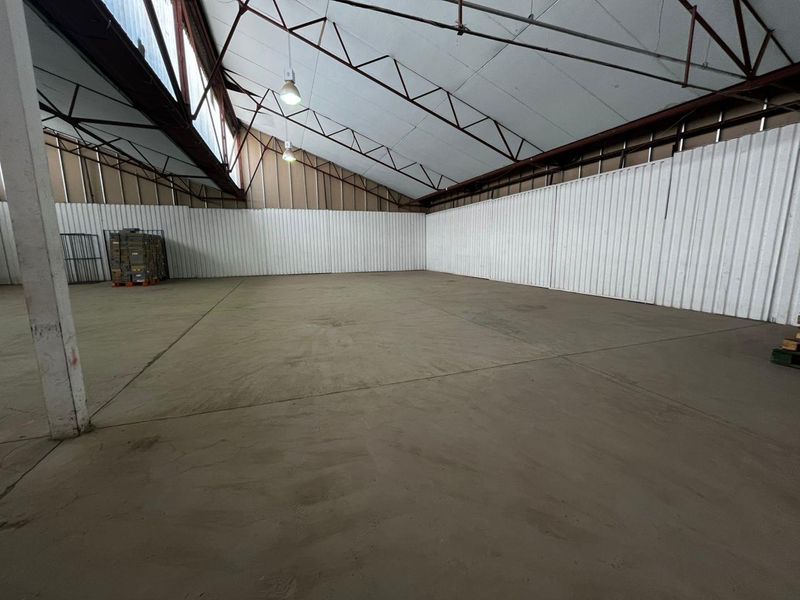 Spacious industrial utility area featuring high ceilings with exposed steel trusses, corrugated metal wall cladding, and durable concrete flooring.