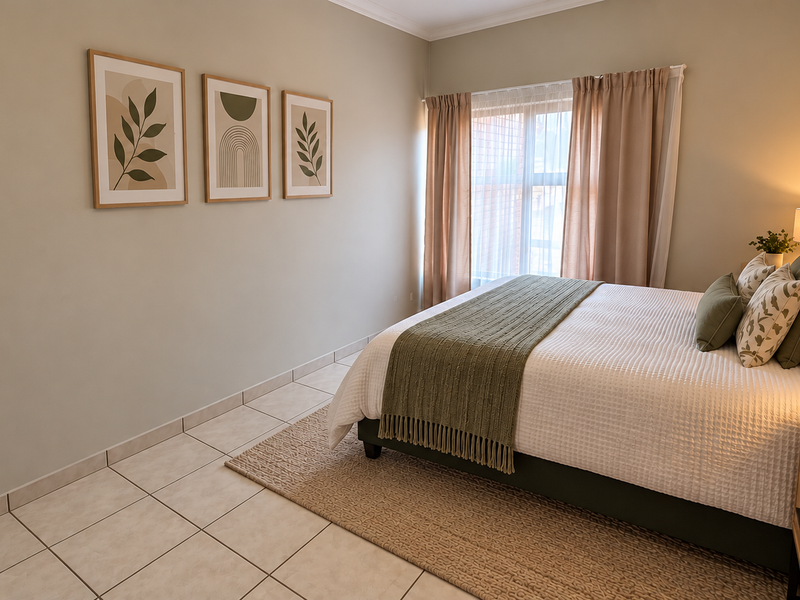 A well-maintained bedroom featuring neutral wall tones, tiled flooring, and large windows with curtain rails, creating a bright and comfortable living space.
