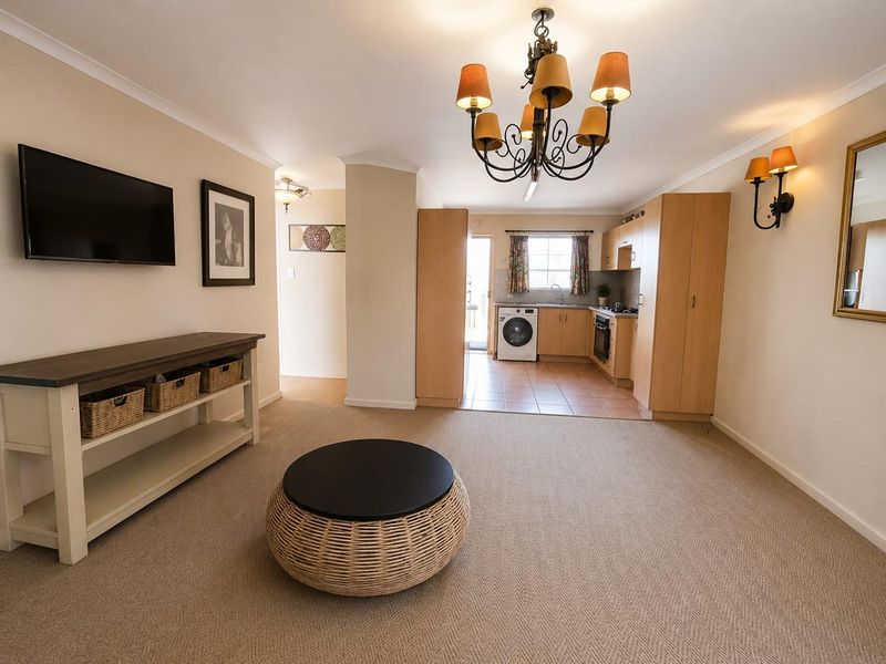 Open-plan living area featuring a combined kitchen with built-in cabinetry, oven, and hob, flowing into a carpeted lounge space with neutral finishes.
