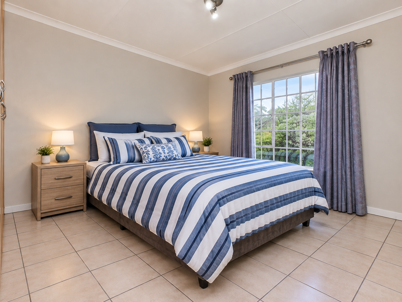 A well-maintained bedroom featuring tiled flooring, built-in wardrobe storage, and a window with garden views.
