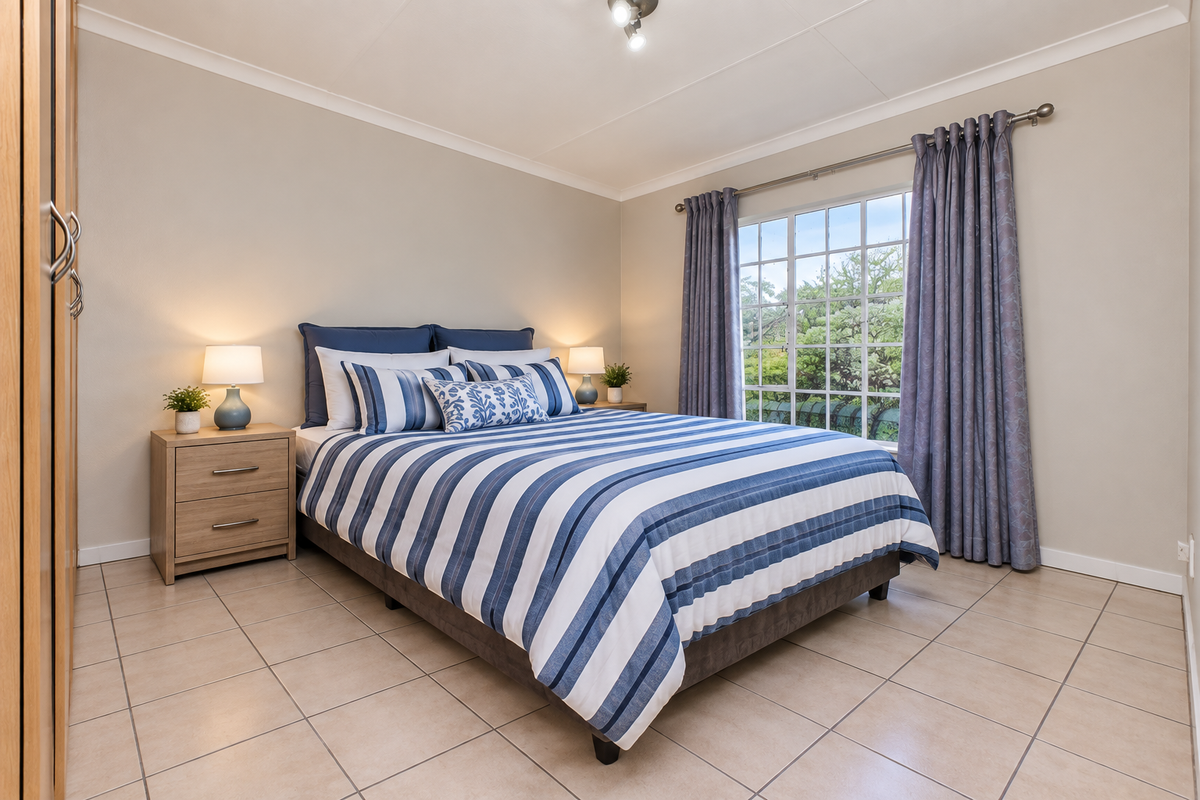 A well-maintained bedroom featuring tiled flooring, built-in wardrobe storage, and a window with garden views.