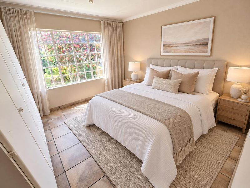 A well-maintained bedroom featuring tiled flooring, a large window with garden views, and a built-in wardrobe, offering a bright and comfortable living space.