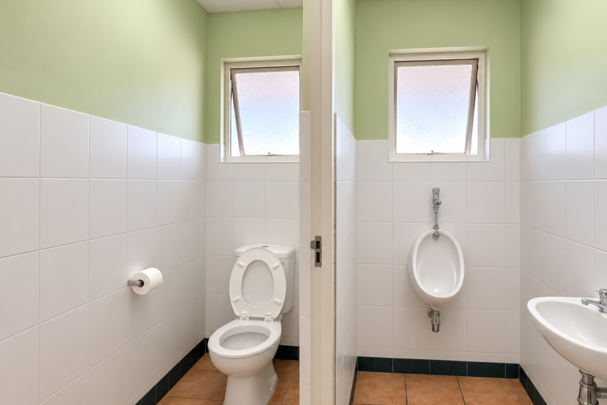 A functional office restroom featuring a private toilet cubicle, wall-mounted urinal, and a hand basin with tiled walls and terracotta-style flooring.