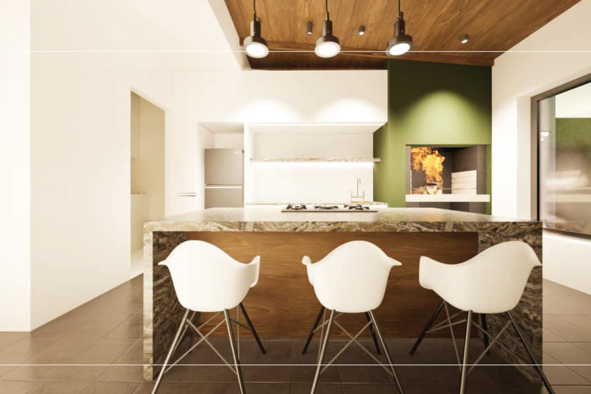 Modern kitchen featuring a large stone island with integrated cooktop, timber ceiling accents, and a built-in indoor braai area.