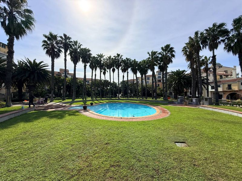 A well-maintained communal swimming pool area surrounded by lush green lawns and mature palm trees within the apartment complex grounds.