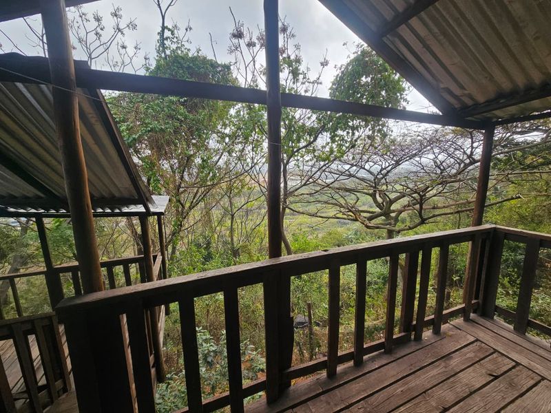 An elevated timber balcony featuring a corrugated metal roof and wooden balustrade, offering expansive views of the surrounding natural landscape.