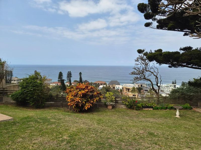 A scenic elevated view overlooking the coastline, residential neighborhood, and ocean, framed by established garden greenery and a lawn.