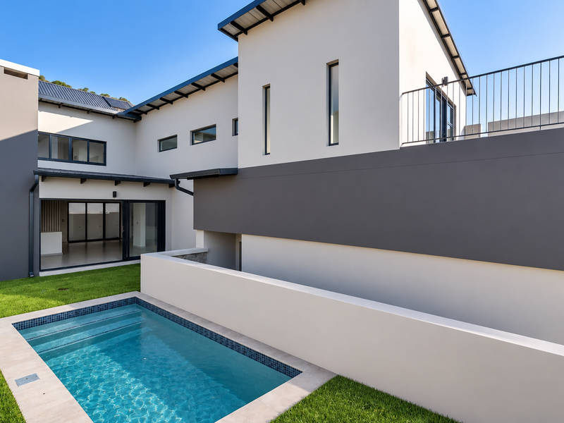 Modern rear exterior view featuring a swimming pool, manicured lawn, and a balcony with metal railings, showcasing contemporary architectural design.