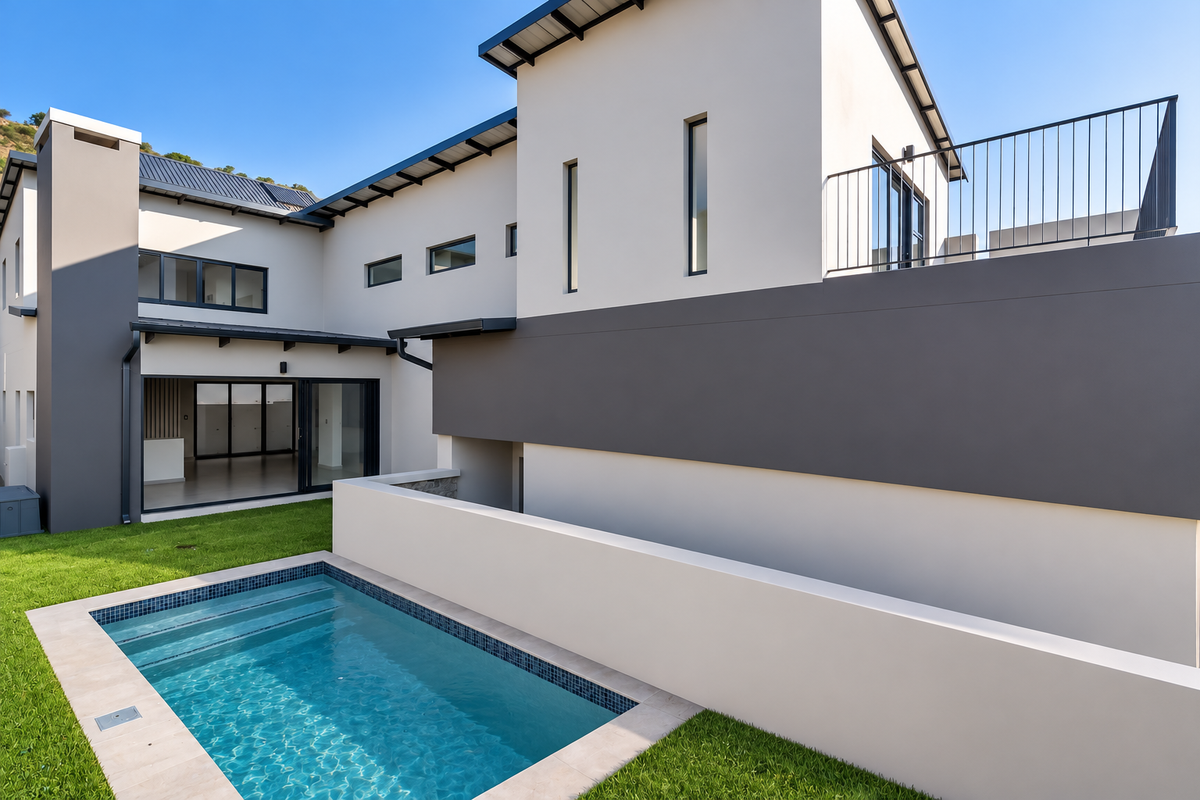 Modern rear exterior view featuring a swimming pool, manicured lawn, and a balcony with metal railings, showcasing contemporary architectural design.