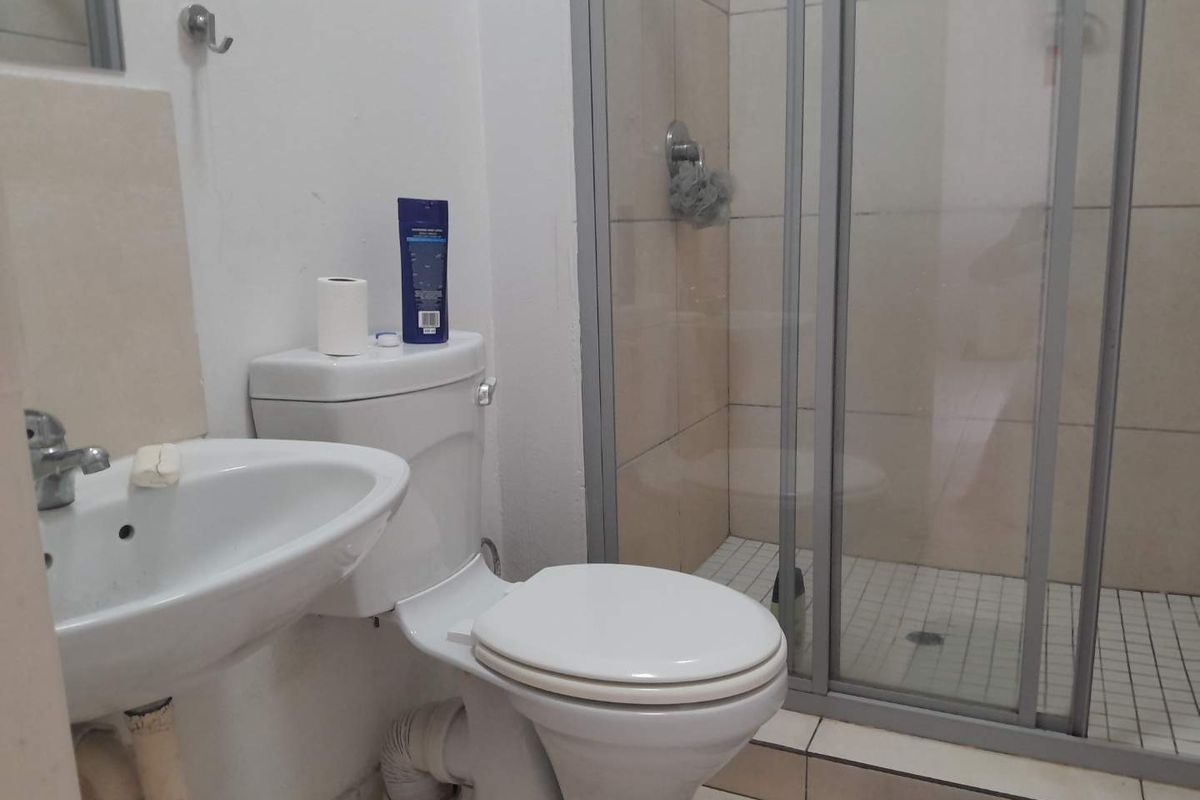 A functional bathroom featuring a pedestal basin, toilet, and a glass-enclosed shower with tiled finishes.