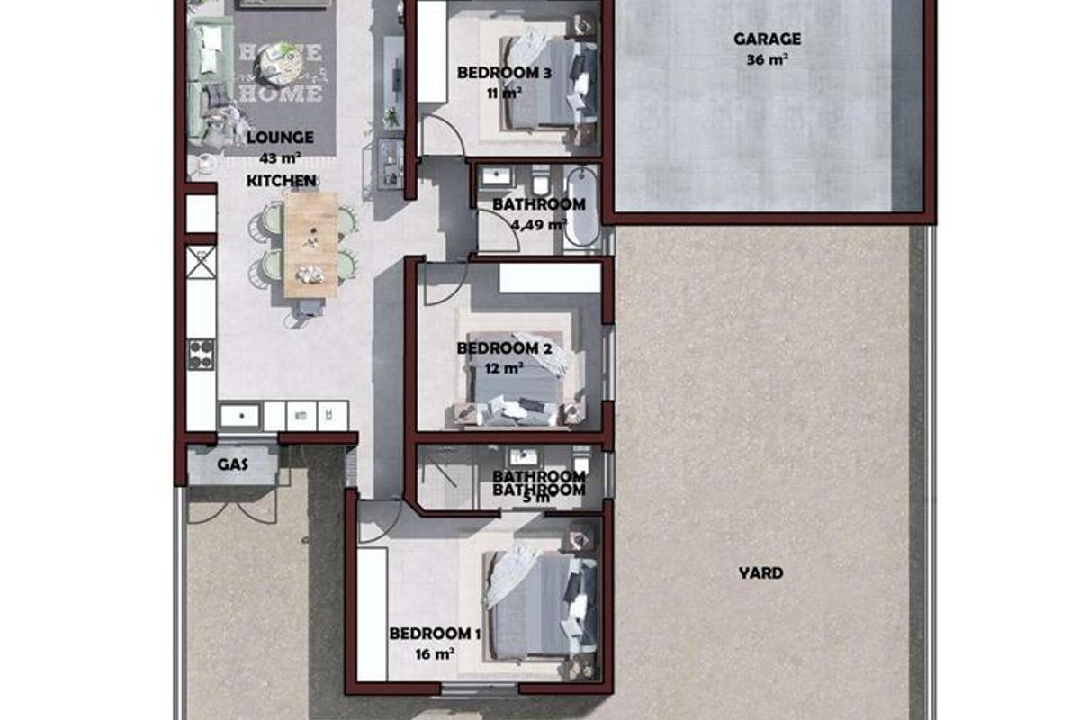 A detailed architectural floor plan showing a three-bedroom townhouse layout with an open-plan living area, kitchen, two bathrooms, and a double garage.