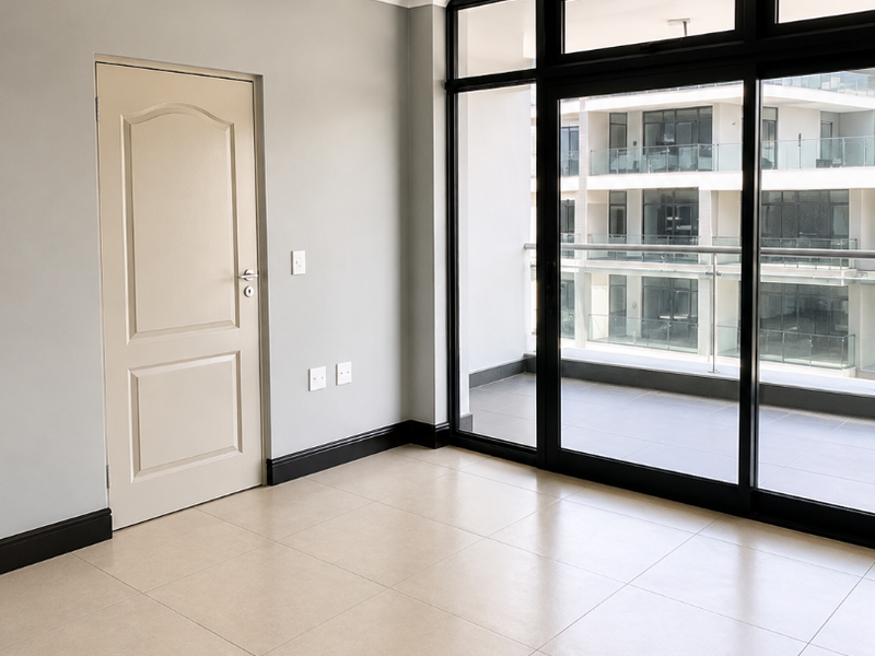 A bright, empty living area featuring neutral tiled floors, modern black aluminium sliding doors leading to a balcony, and clean, well-maintained finishes.