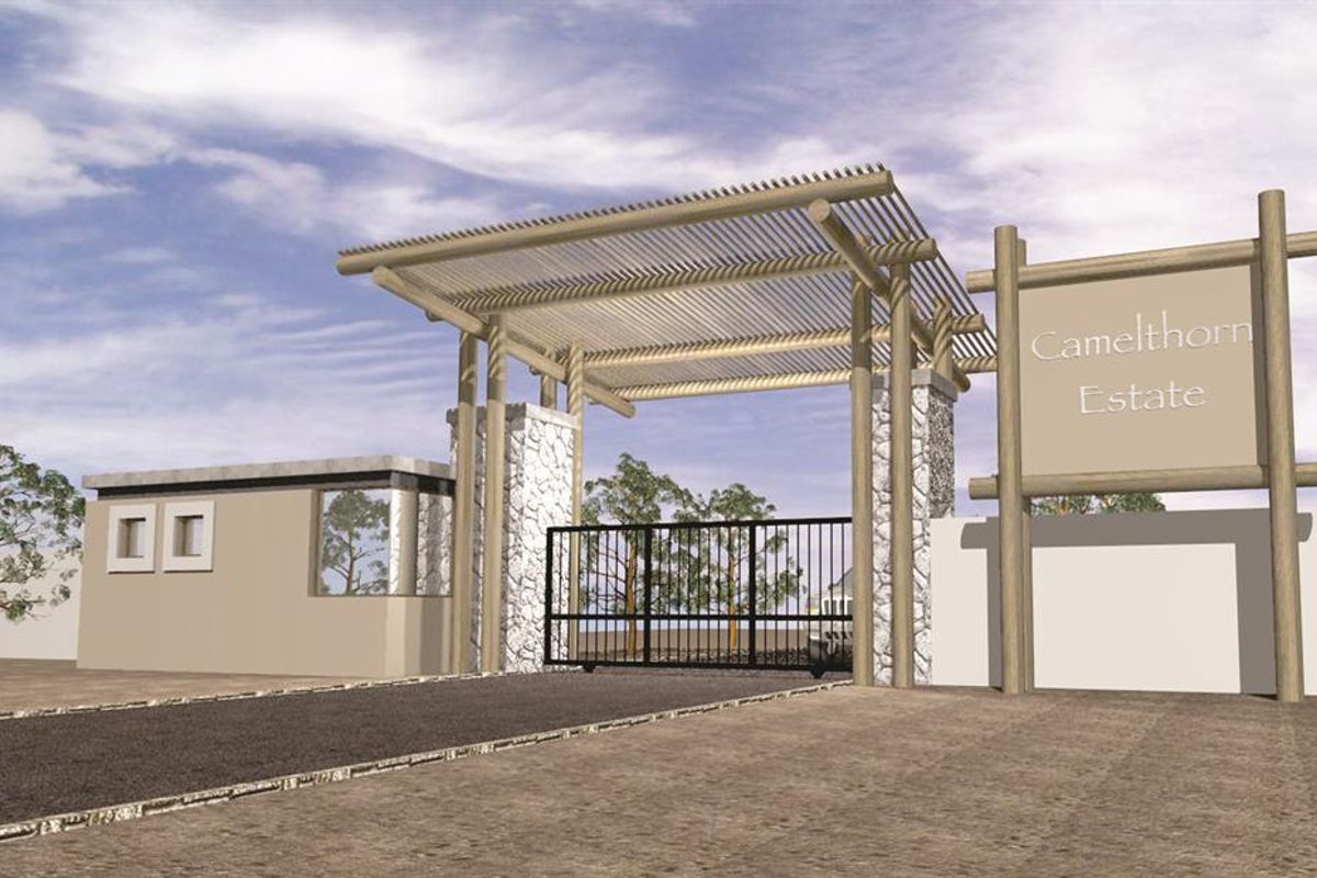 A digital rendering of the Camelthorn Estate entrance, featuring a modern security gate, stone-clad pillars, timber pergola, and a dedicated guard house.