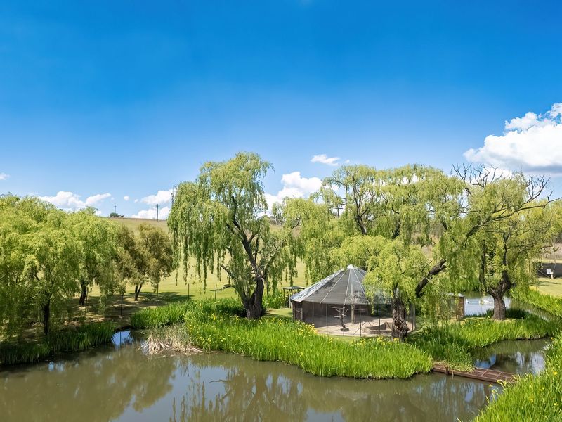 A scenic garden view featuring a tranquil pond, mature willow trees, and a charming gazebo set within a well-maintained landscape.