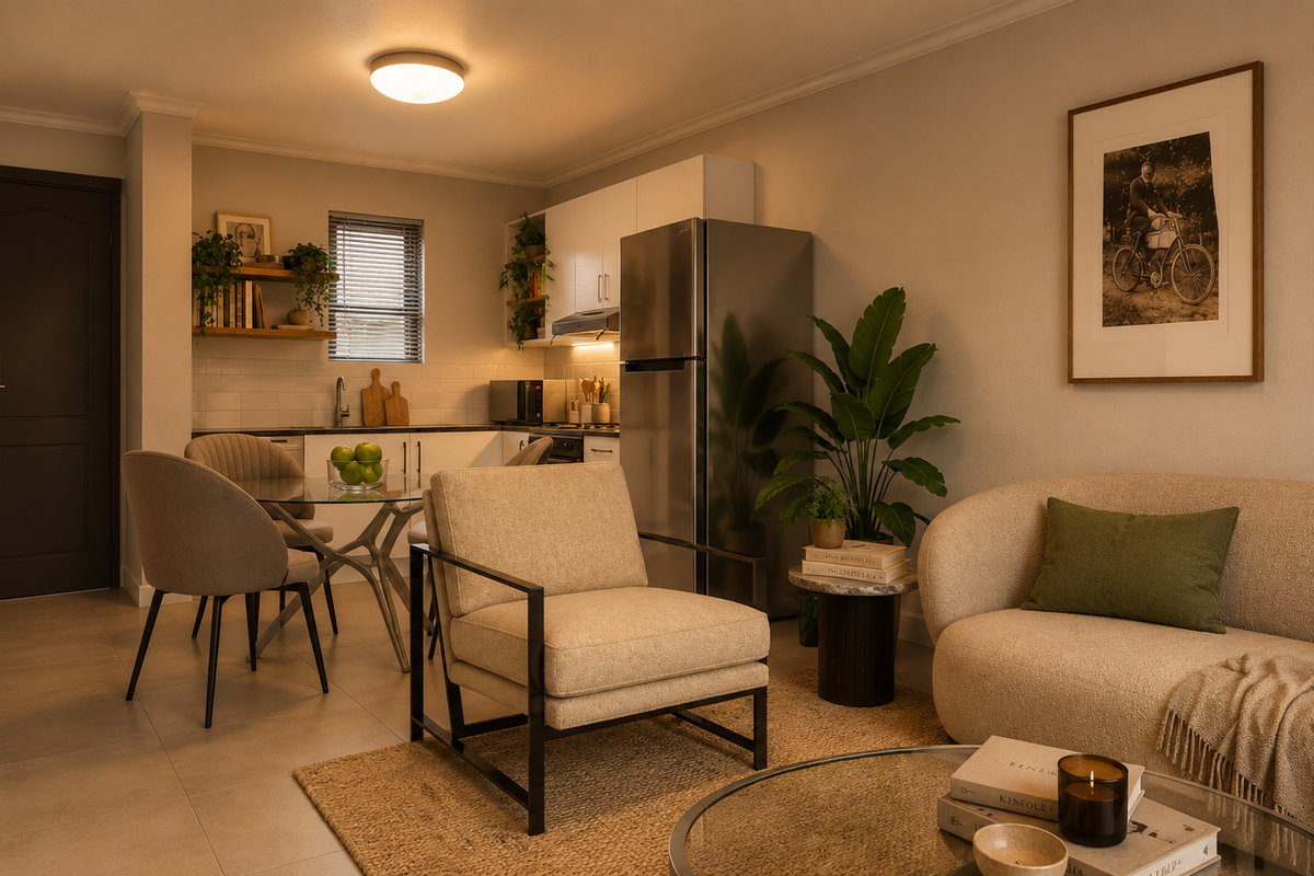 A well-appointed open-plan living and kitchen area featuring modern cabinetry, tiled flooring, and a functional layout suitable for contemporary apartment living.