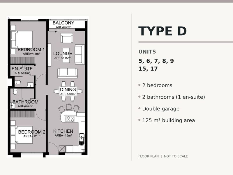 A detailed floor plan for Type D apartment units, showcasing a two-bedroom, two-bathroom layout with an open-plan living, dining, and kitchen area.