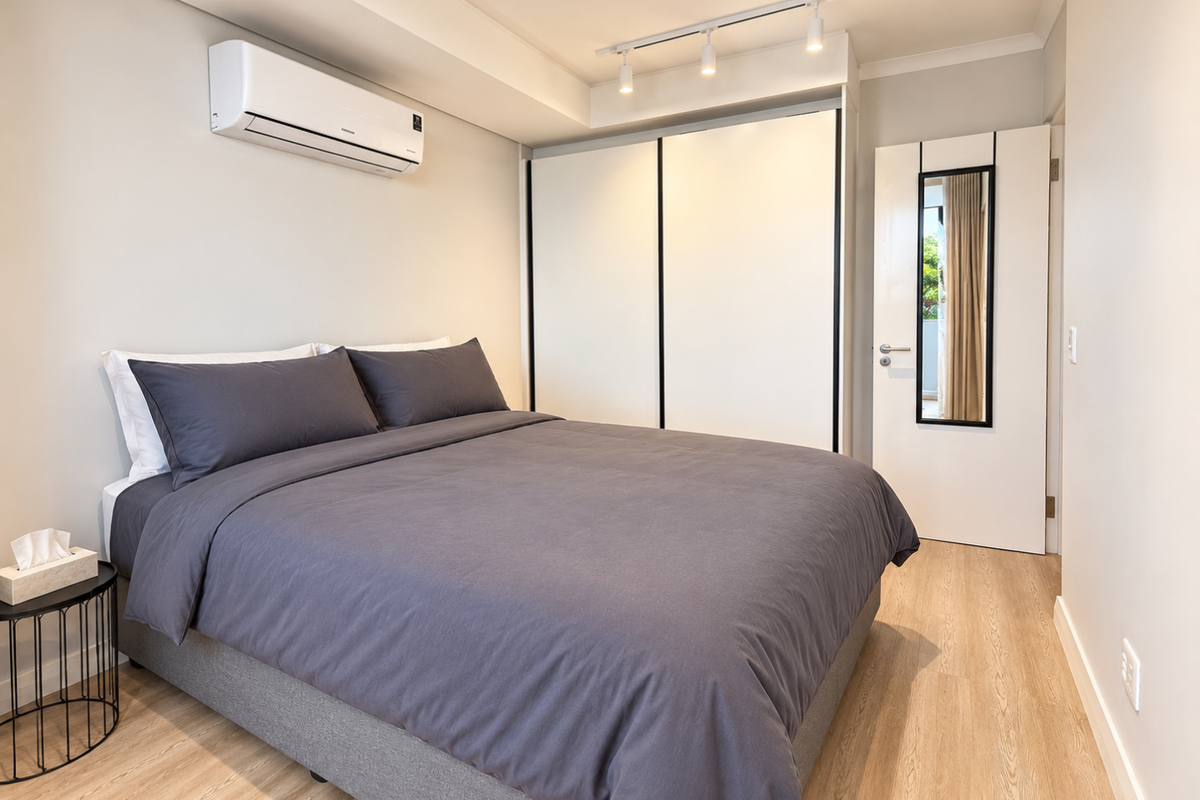 Modern bedroom featuring light laminate flooring, built-in wardrobe, split-system air conditioning, and track lighting for a clean, contemporary aesthetic.