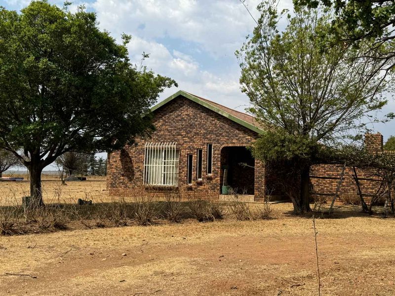 A single-story face brick house featuring a tiled roof and security bars on the windows, set within a large, dry garden area.