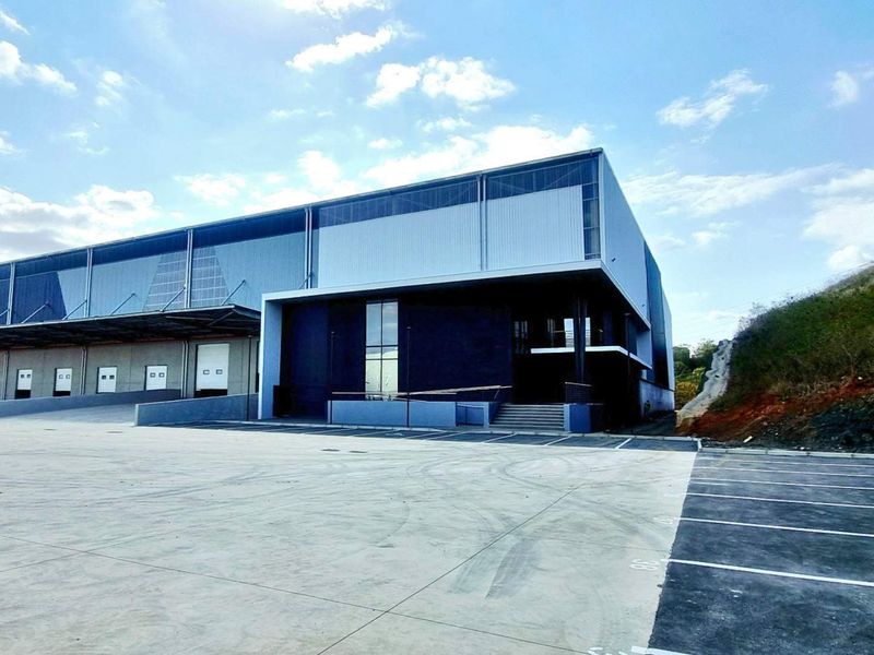 Modern industrial warehouse facility featuring multiple loading docks, expansive concrete hardstand area, and dedicated asphalt parking bays.